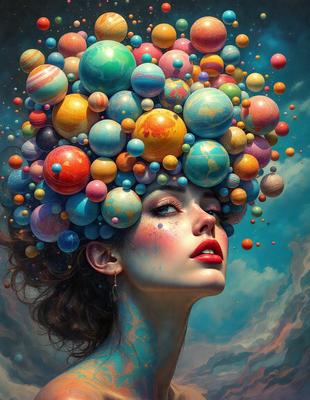 The primary subject of the image is a woman with a head full of colorful balls, creating a unique and vibrant visual effect. The setting is a cloudy sky, which adds to the overall atmosphere of the scene. The visual style is a combination of digital art and illustration, showcasing the woman's creative and artistic expression. The colors and mood of the image are lively and energetic, with the woman's face and the balls on her head being the main focus of the composition.